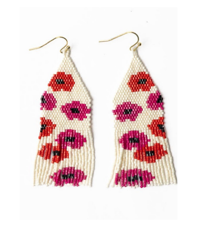 Delilah poppies beaded fringe earrings hot pink/re