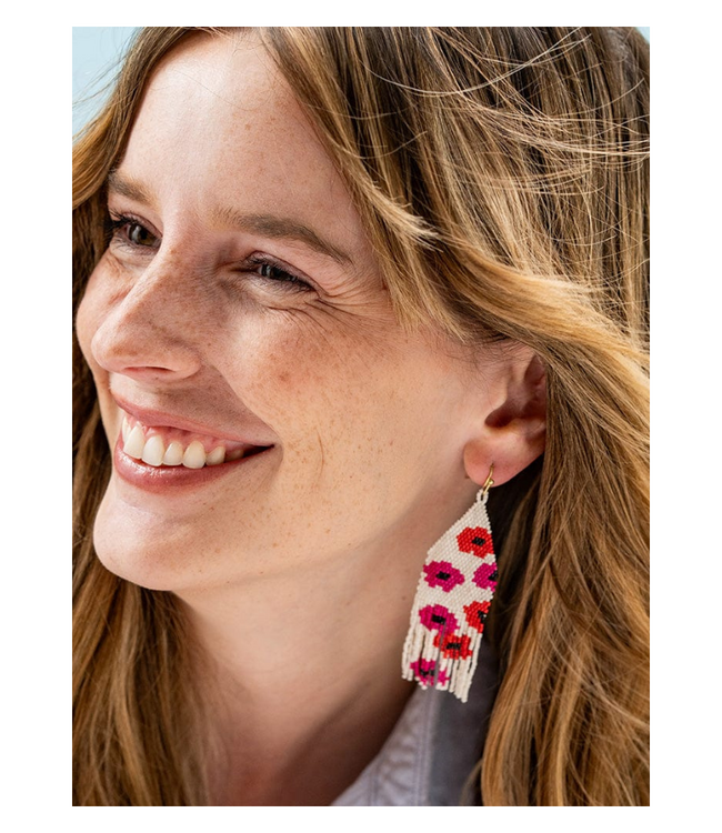 Delilah poppies beaded fringe earrings hot pink/re