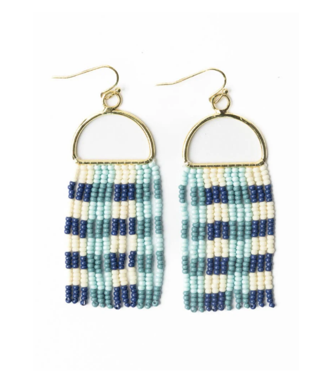 Allison gingham beaded fringe earrings blue