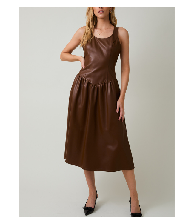 Scooped Neck Sleeveless Drop Waist Faux Leather Midi Dress