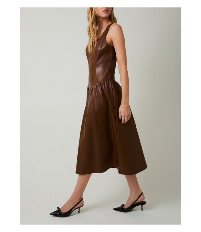 Scooped Neck Sleeveless Drop Waist Faux Leather Midi Dress