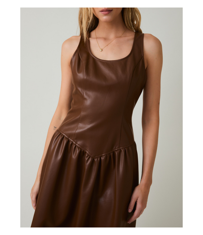 Scooped Neck Sleeveless Drop Waist Faux Leather Midi Dress