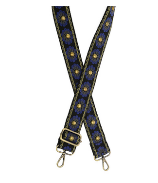 Studded Daisy Embroidered Guitar Strap - Navy