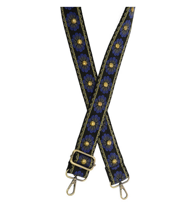 Studded Daisy Embroidered Guitar Strap - Navy