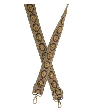 Studded Daisy Embroidered Guitar Strap - Tan