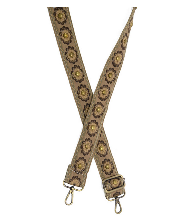 Studded Daisy Embroidered Guitar Strap - Tan