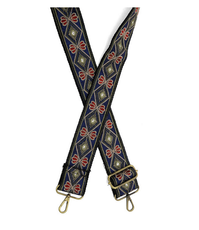 Navy Ornate Diamond Embroidered Guitar Strap
