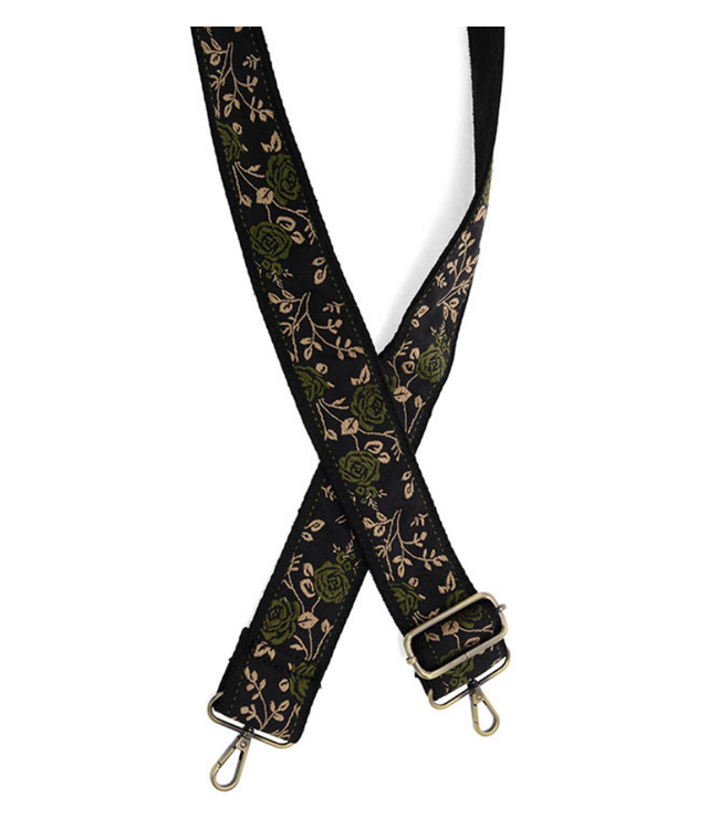 Untamed Roses Embroidered Guitar Strap - Olive