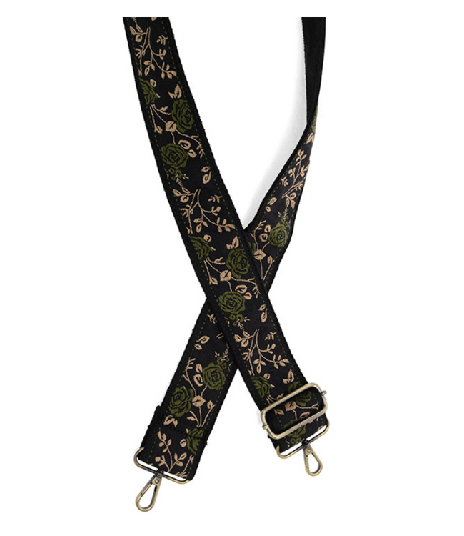 Untamed Roses Embroidered Guitar Strap - Olive