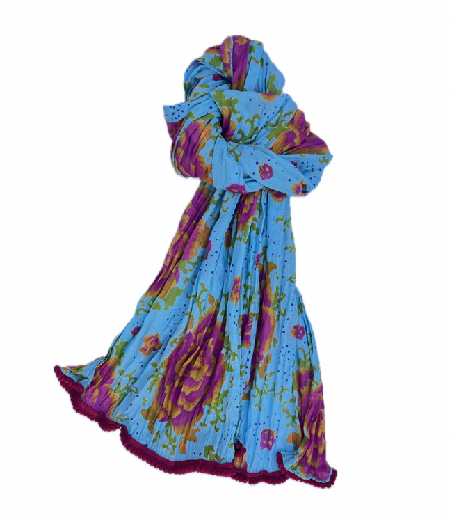 Crinkled Cotton Scarf - Peonies Blue