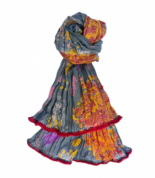 Crinkled Cotton Scarf - Big Roses Charcoal