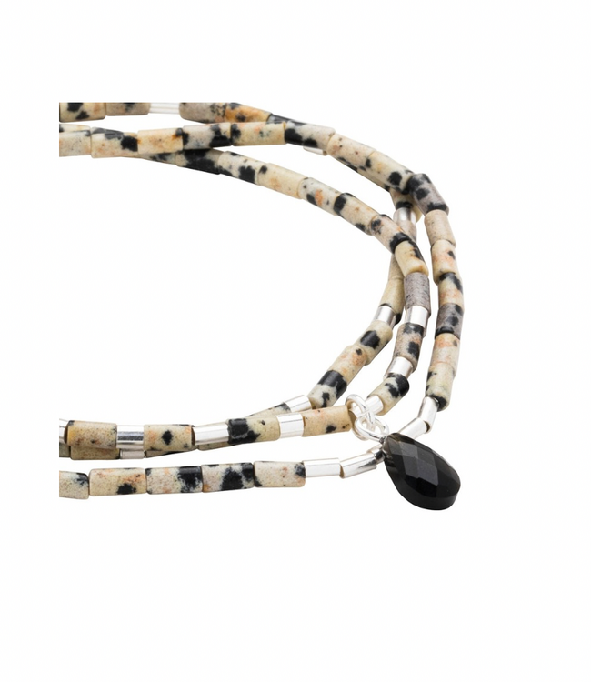 Teardrop Stone Wrap - Dalmatian Jasper/Obsidian/Silver - Joy