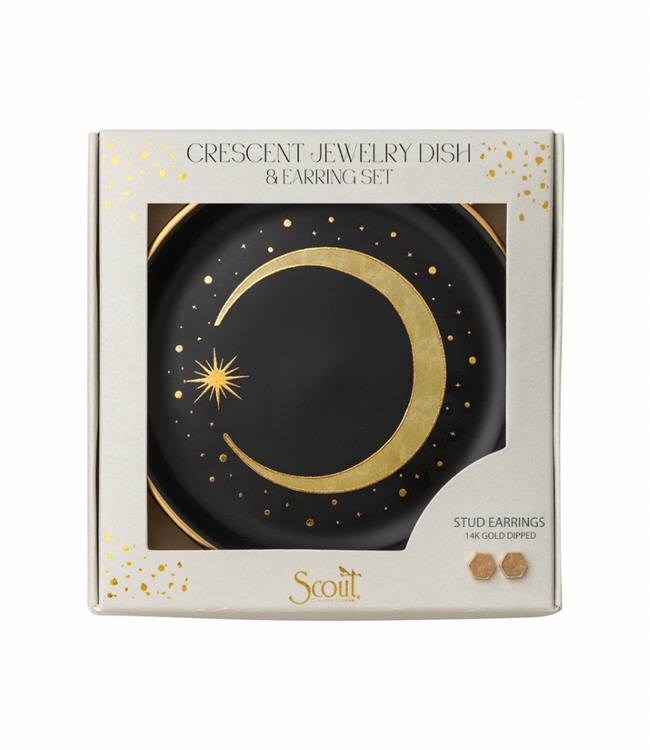 Jewelry Dish & Stud Earring Set-Crescent Black