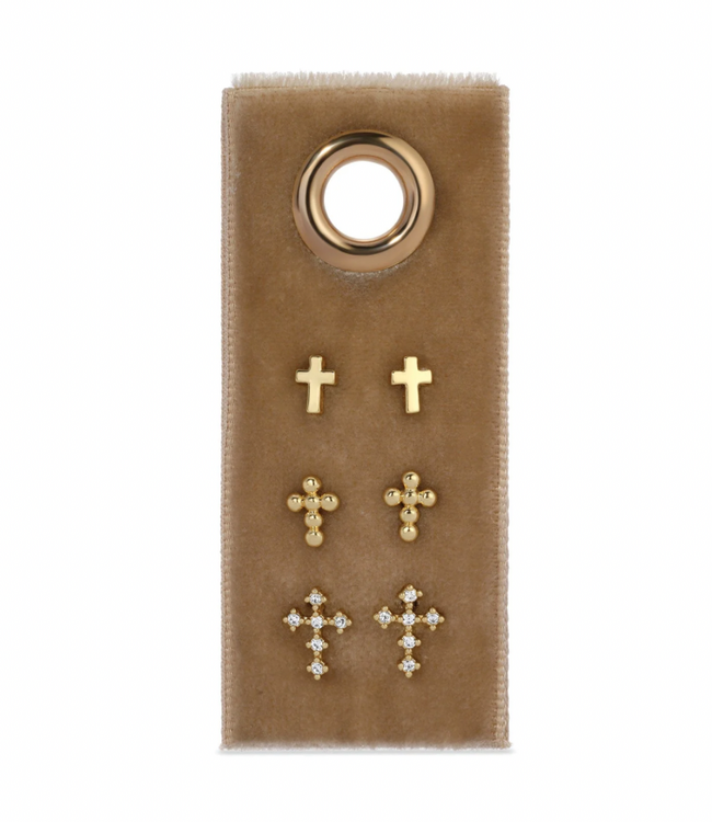Multi Cross Velvet Set/3 Stud Gift Set - Gold