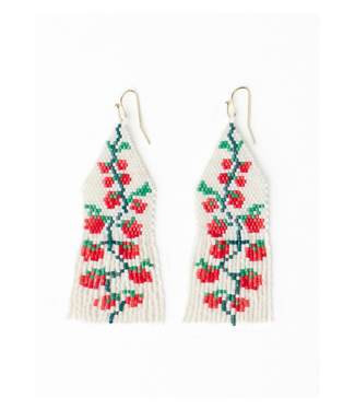 Delilah Tomato Beaded Fringe Earrings Red + Green
