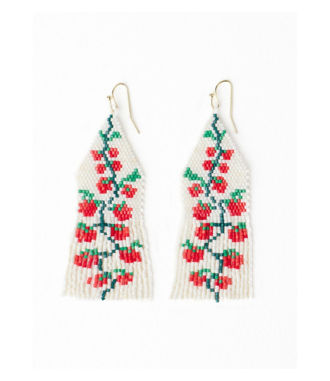 Delilah Tomato Beaded Fringe Earrings Red + Green