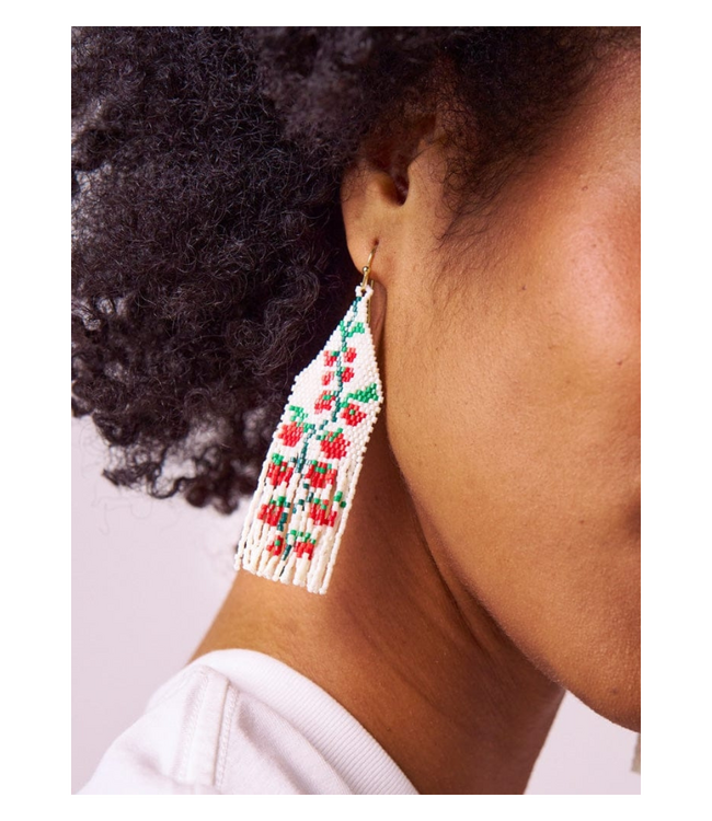 Delilah Tomato Beaded Fringe Earrings Red + Green