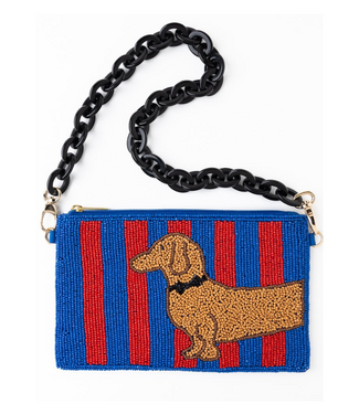 Elenor Striped Beaded Dachshund Bag Red + Blue