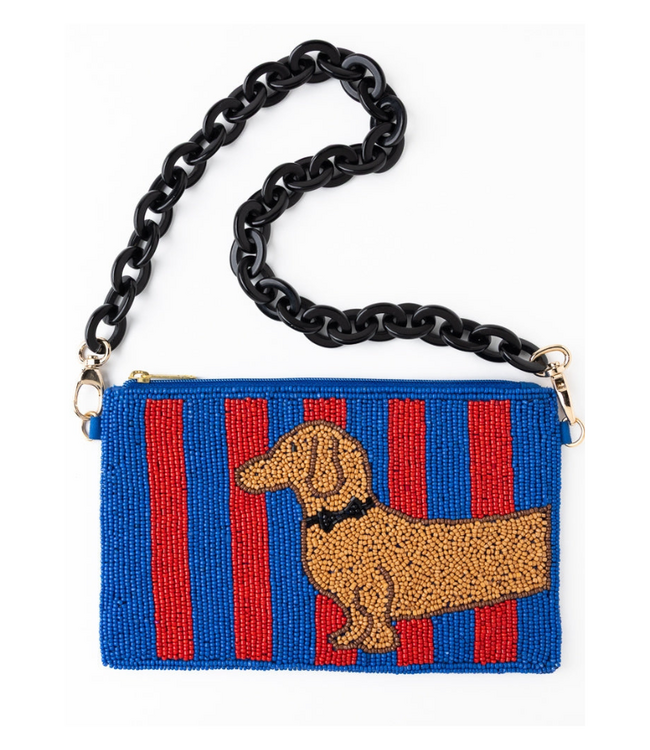 Elenor Striped Beaded Dachshund Bag Red + Blue