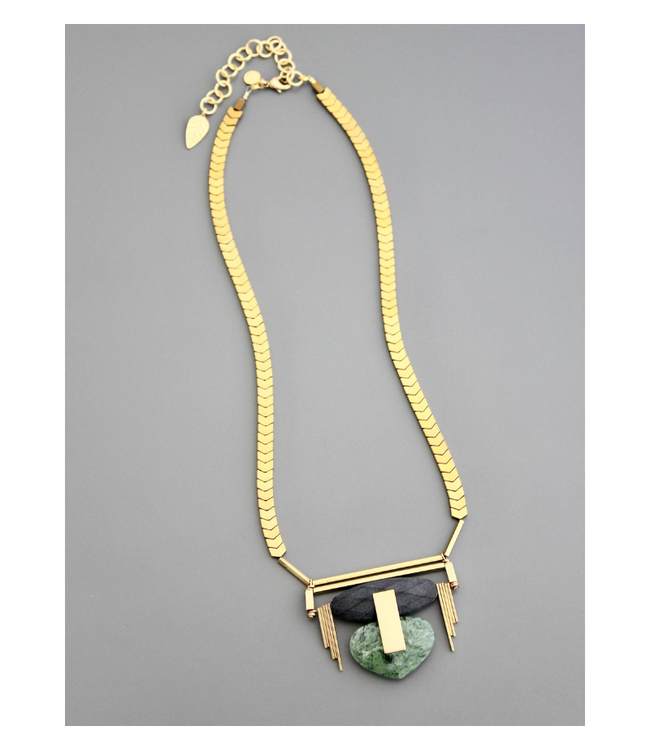 Geometric Black, Gold, and Green Necklace