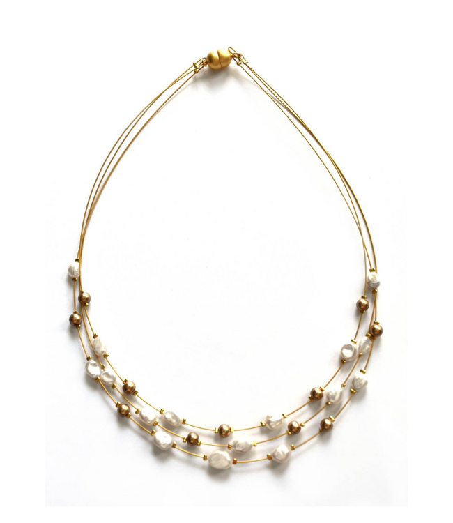 3 Strand Japanese Wire Necklace With Keisha Pearl
