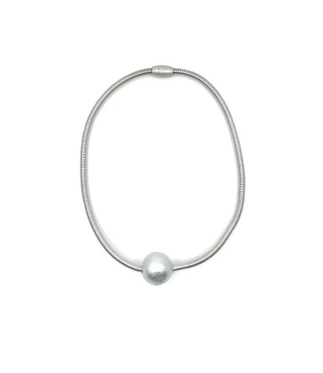 Silver Wire Necklace with Gray Cotton Ball