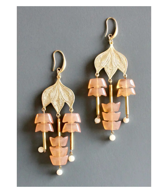Peach Glass and Gold Chandelier Earrings