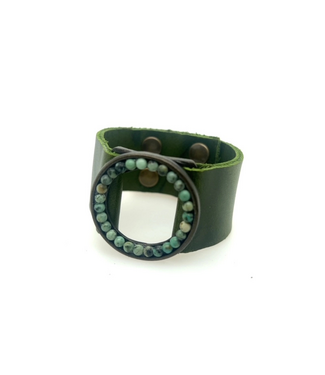 Rebel Designs Beaded Small Open Circle Leather Bracelet-Cilantro