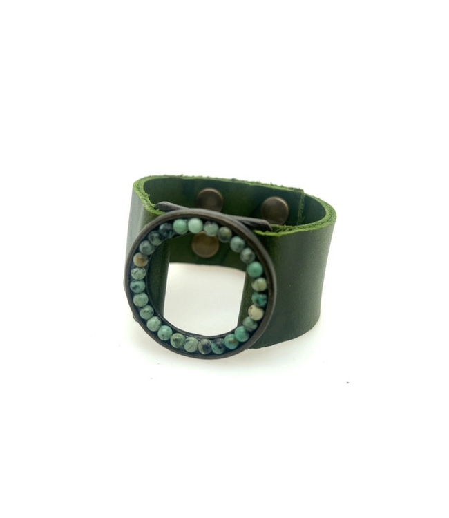 Beaded Small Open Circle Leather Bracelet-Cilantro
