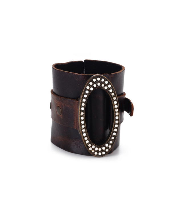 Brown  Leather Cuff with Oval Metal Center