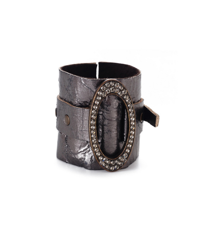 Grey Metallic Leather Cuff with Oval Metal Center
