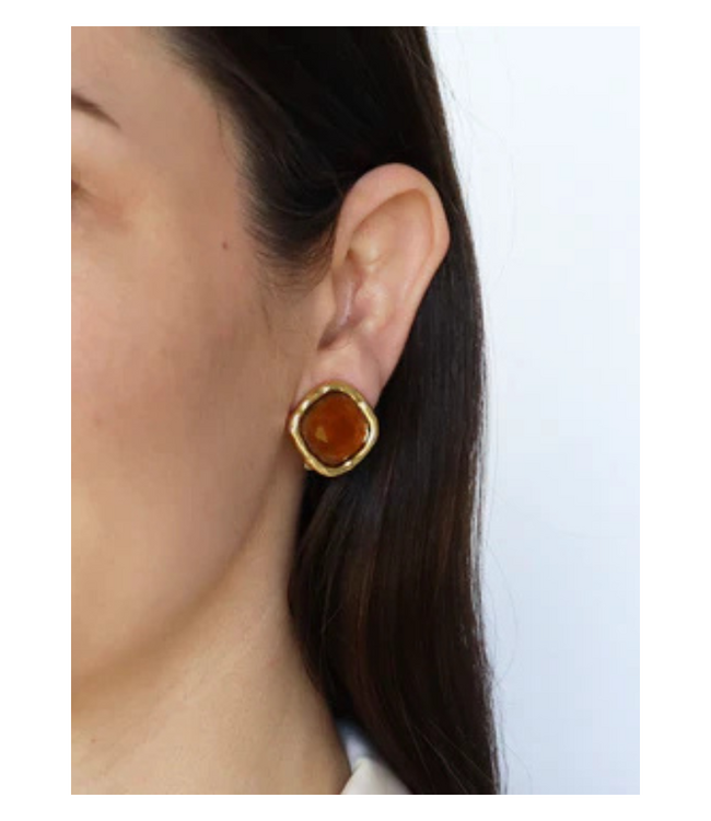 Bezel Gem Clip-On Earrings Mocha