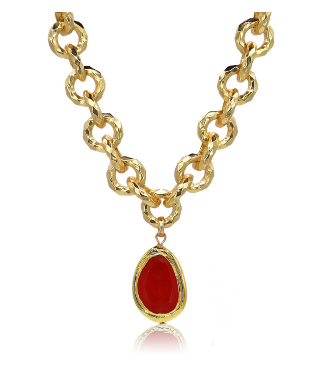Vivid Gem & Luxurious Link Necklace -Scarlet Red