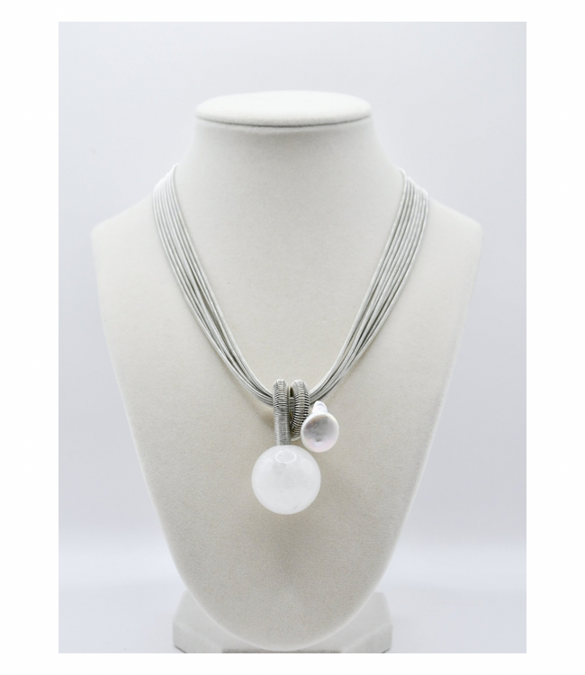 8 Strand Silver Wire Necklace With White Stone