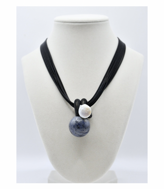 Sea Lily 8 Strand Black Wire Necklace With Navy Stone