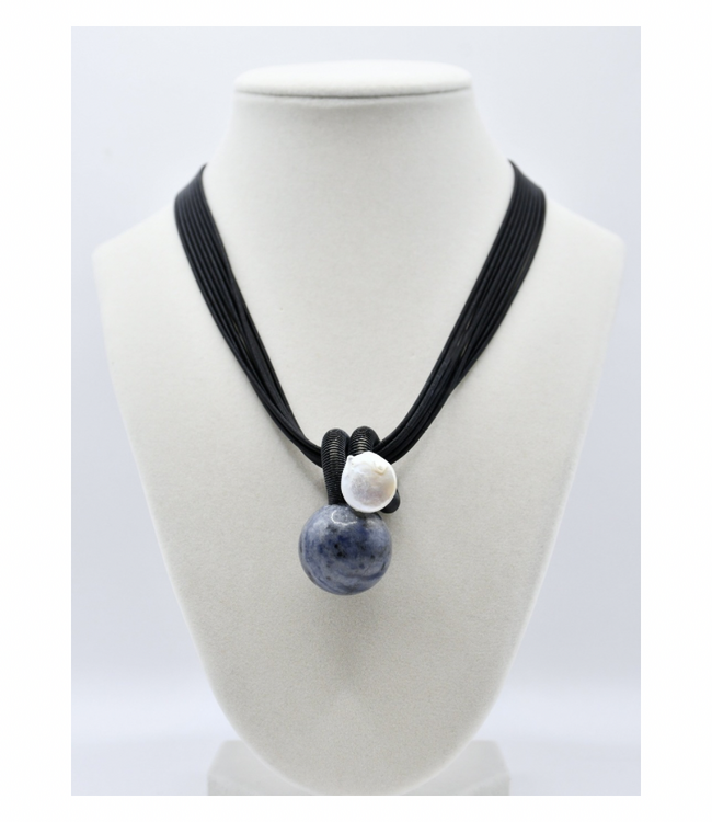 8 Strand Black Wire Necklace With Navy Stone
