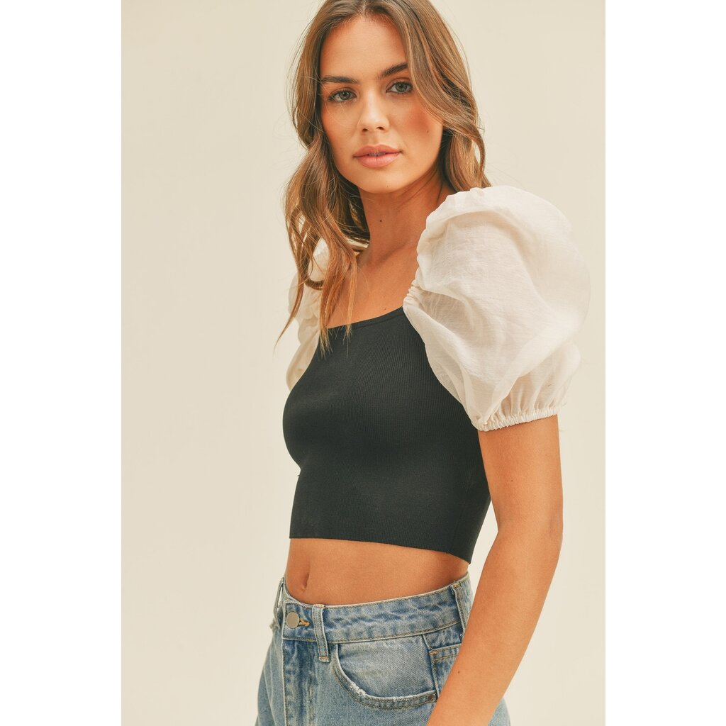 Miou Muse Sheer Puff Sleeve Top