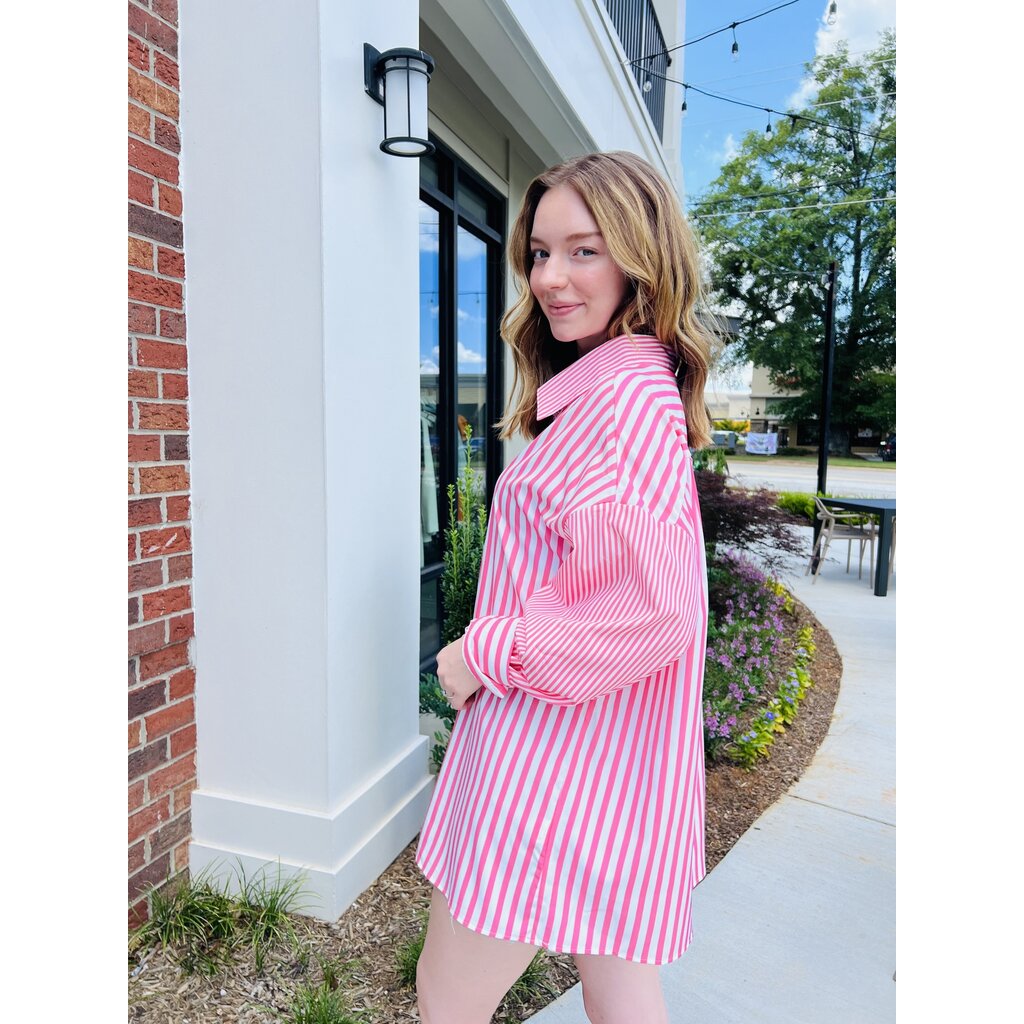 StyleLA Pink Button Down Striped Long Sleeve