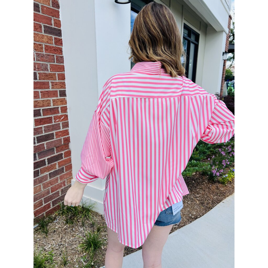 StyleLA Pink Button Down Striped Long Sleeve