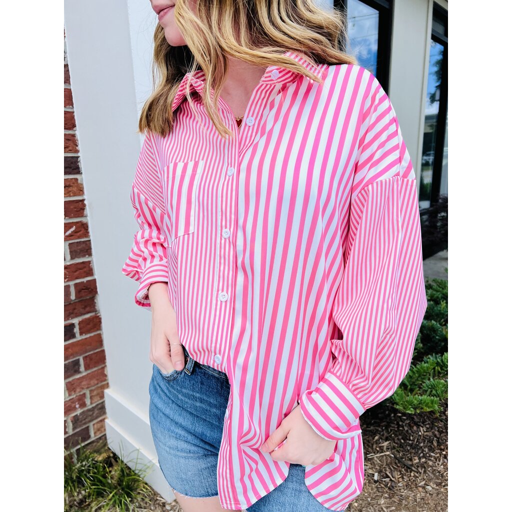 StyleLA Pink Button Down Striped Long Sleeve