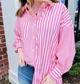 StyleLA Pink Button Down Striped Long Sleeve