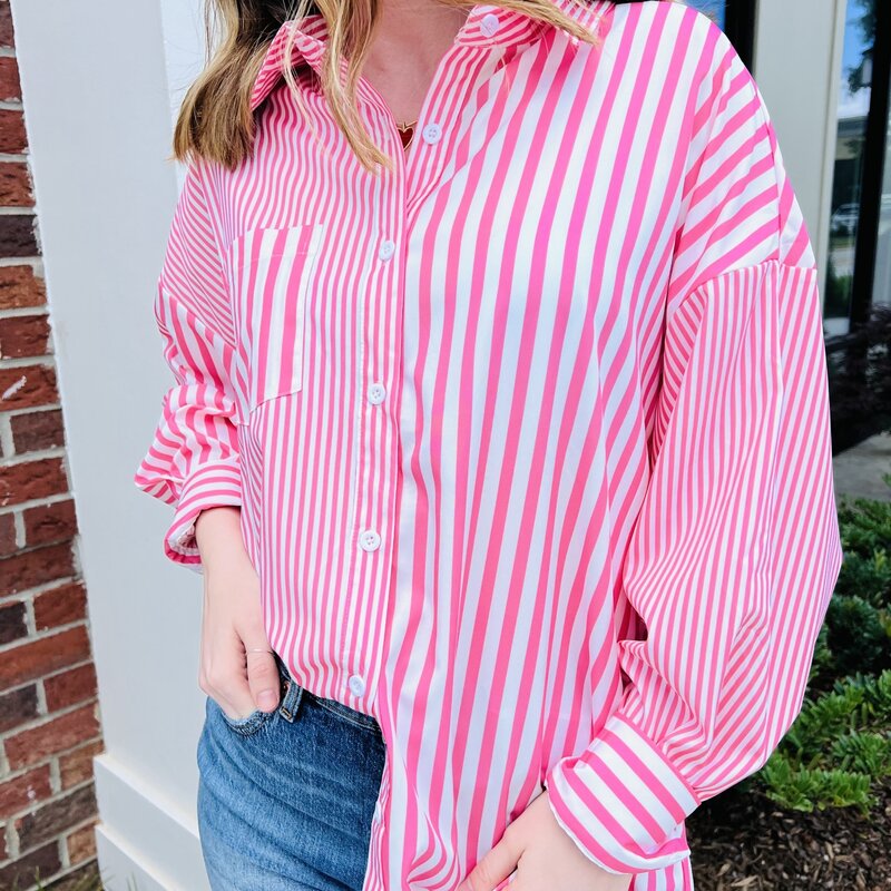 StyleLA Pink Button Down Striped Long Sleeve