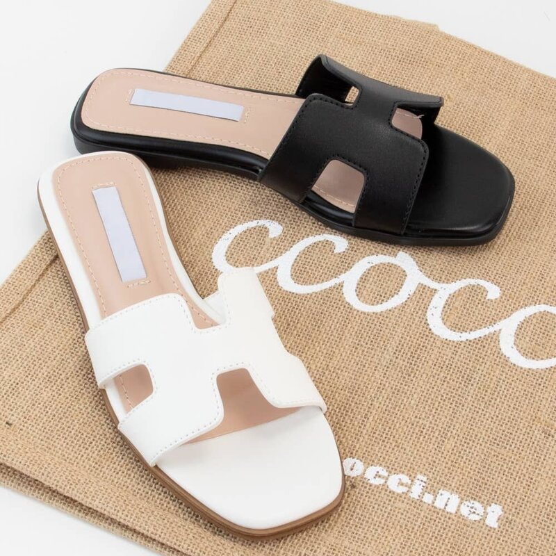 CCOCCI H-Shape Cutout Upper Slide Sandals White