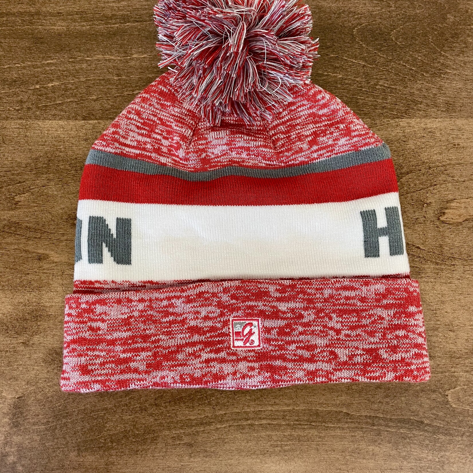 Heather Red Beanie with pom and logo embroidery