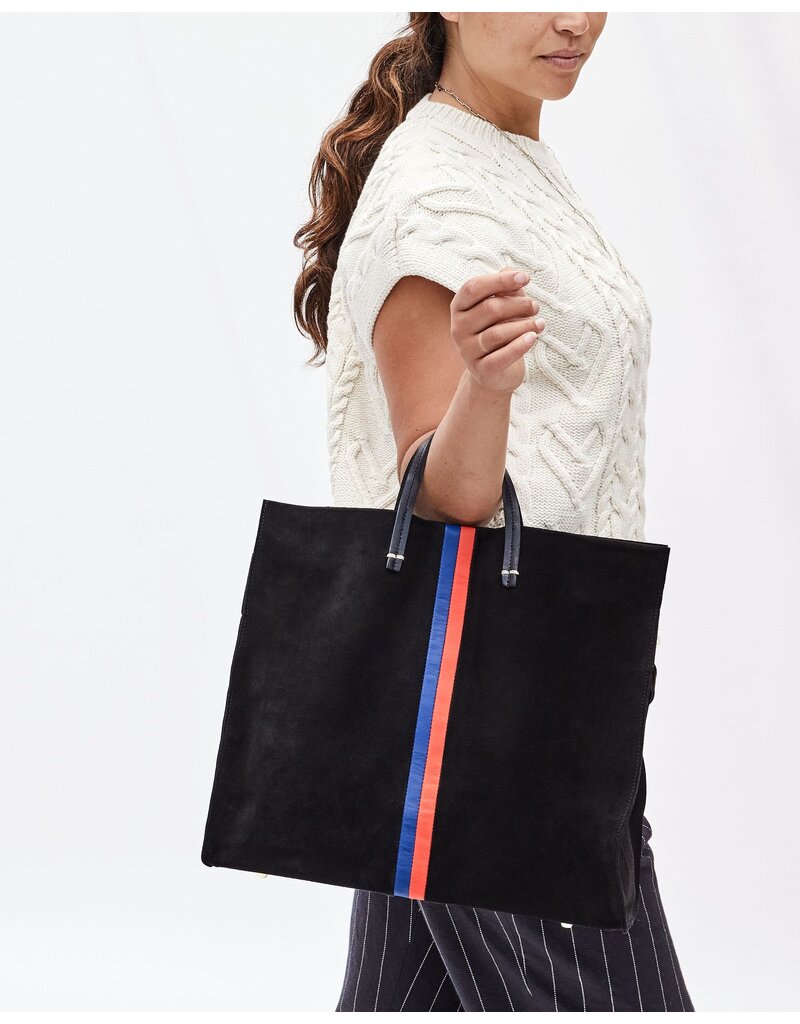 Clare V Simple Tote - Black Suede w/ Stripes and Checkered Strap