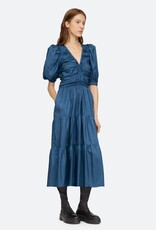 Sea New York KYLE SOLID SILK PUFF SLEEVE V-NECK DRESS