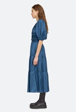 Sea New York KYLE SOLID SILK PUFF SLEEVE V-NECK DRESS