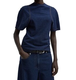 Tibi BARRE DENIM KNIT SCULPTED SHRUNKEN T-SHIRT