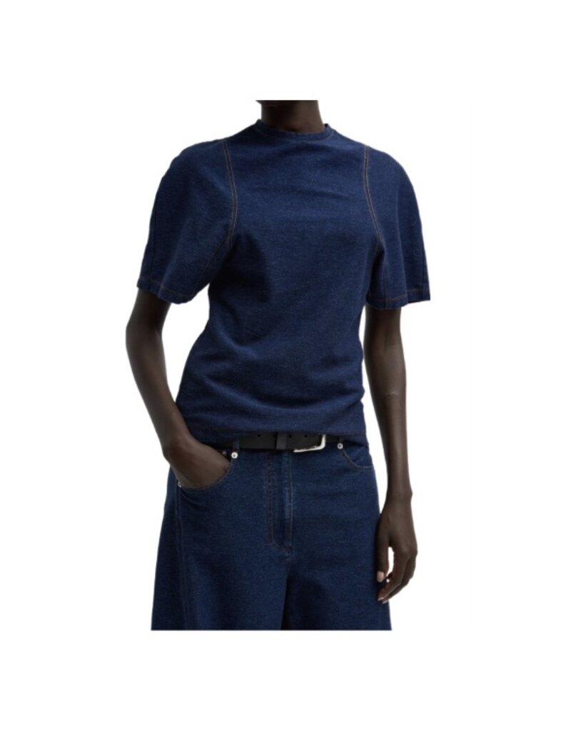Tibi BARRE DENIM KNIT SCULPTED SHRUNKEN T-SHIRT