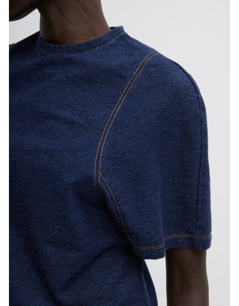 Tibi BARRE DENIM KNIT SCULPTED SHRUNKEN T-SHIRT